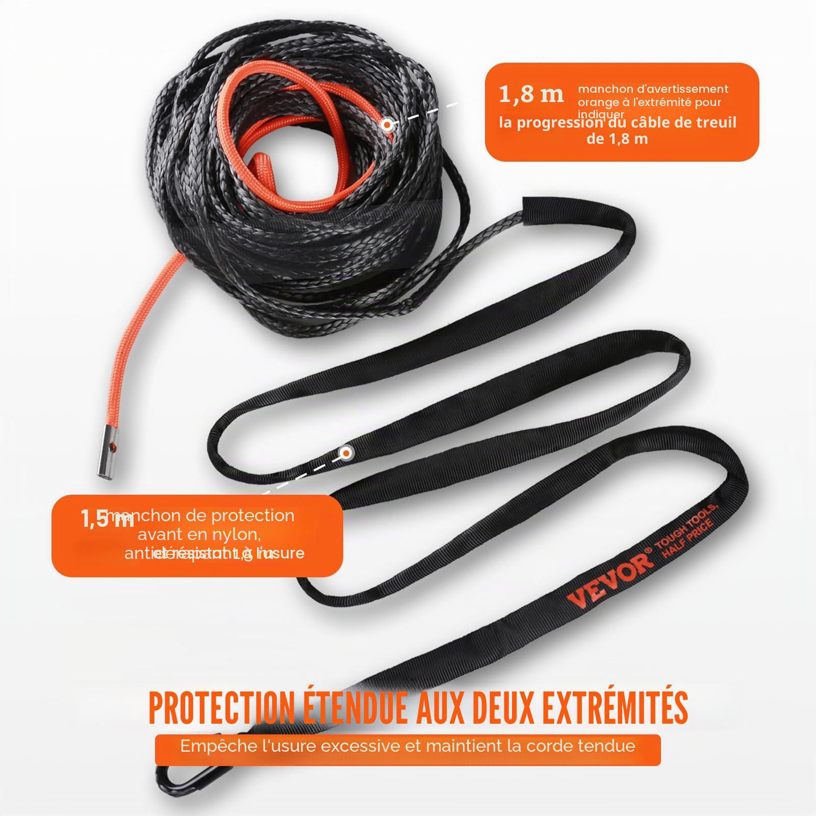 VEVOR Corde de Treuil 9,5 mm x 25,9 m Câble Synthétique Résistance Rupture 117,9 KN avec Manchon de Protection, Crochet de Treuil Forgé, Sangle Traction pour SUV, Grand Véhicule Tout-Terrain, Camion