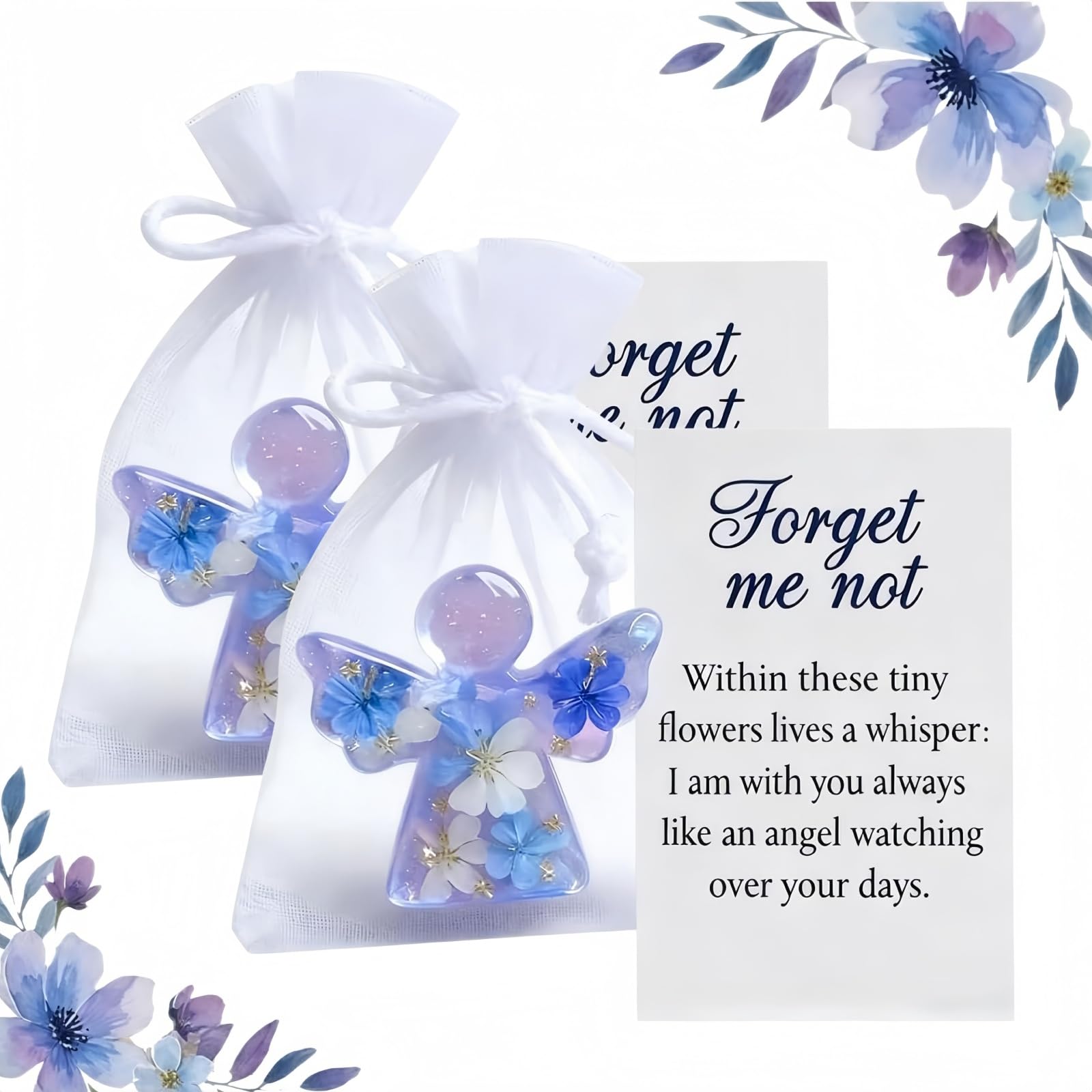 2PCS Forget Me Not Angel Ornaments,Crystal Angel,Sympathy Gifts & Guardian Angel Gifts for Remembrance,Elegant Bereavement Keepsake,Pocket Hug Card for Friend,Emotional Support Remembrance Gif