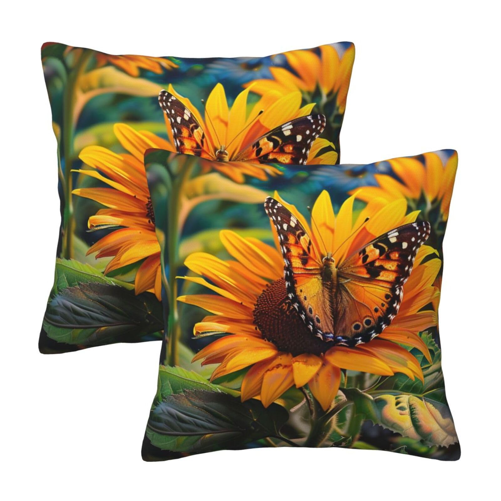 kkvhhyuo Sunflower Butterfly Print Pillow Covers Set of 2, Square Decorative Cushion Covers with Hidden Zipper, Throw Pillow Cases for Living Room Sofa Bed Chair, 50x50 cm