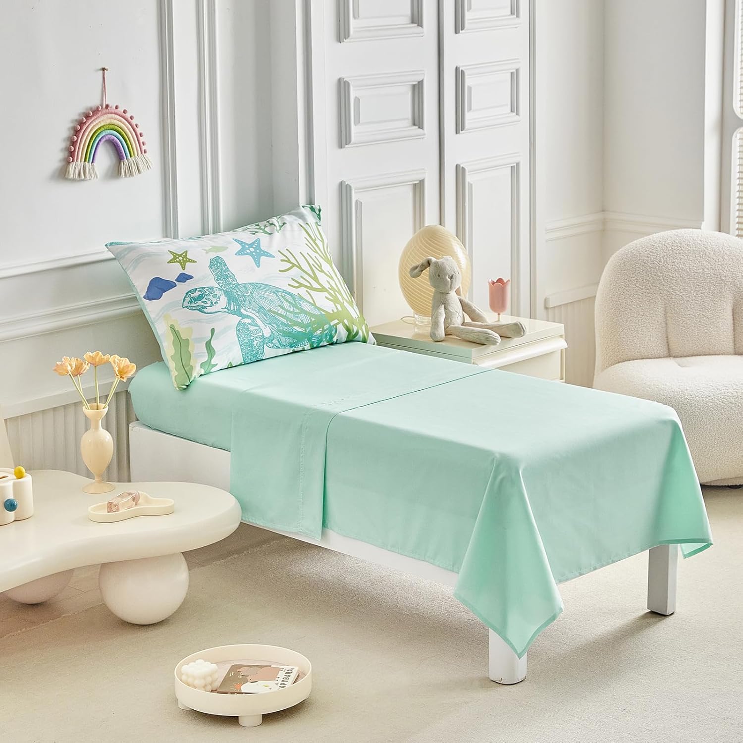 Kids Comforter Sheet Set - Soft and Breathable Bed Set Includes Quilted Comforter, Fitted Sheet, Flat Top Sheet, Pillowcase and Toddler Pillowcase - 4 Pieces Toddler Bedding Set White Teal Sea Turtle