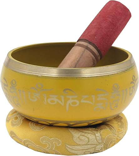 Miniatura 9 de DharmaObjects Mediano  Juego de cuencos tibetanos de 8 símbolos de la suerte  con mazo, cojín de brocado y bolsa de transporte  para meditación,