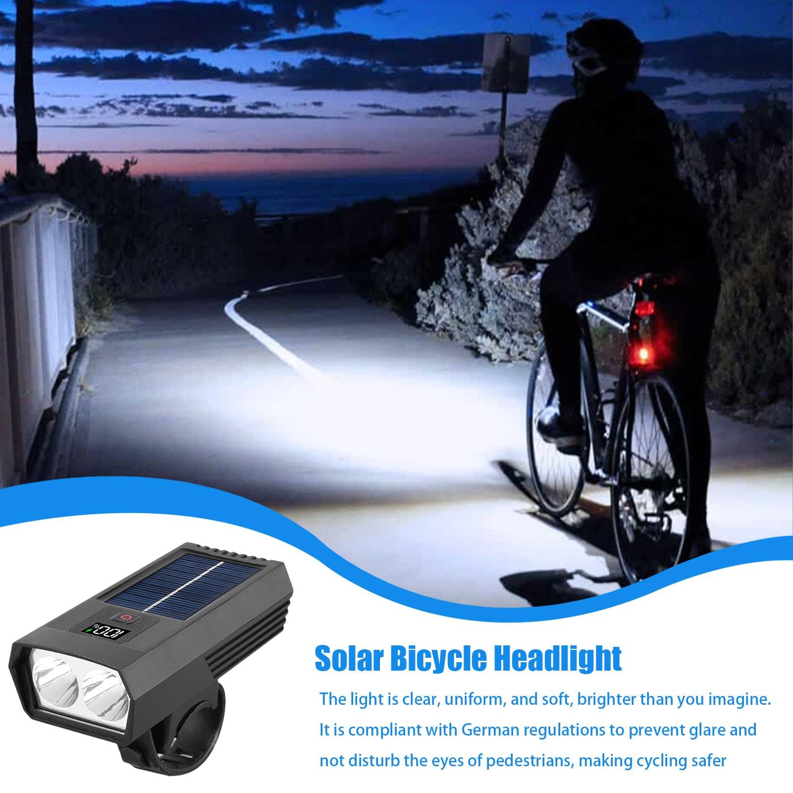 Faro Anteriore Per Bici LED Ricaricabile USB E Solare, Impermeabile Per MTB