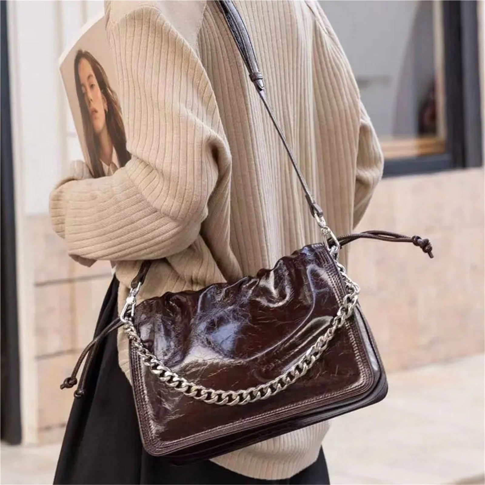 Bolso de mujer piel auténtica, bandolera arrugada, bolso mano Para Viajes Compras Trabajo Citas
