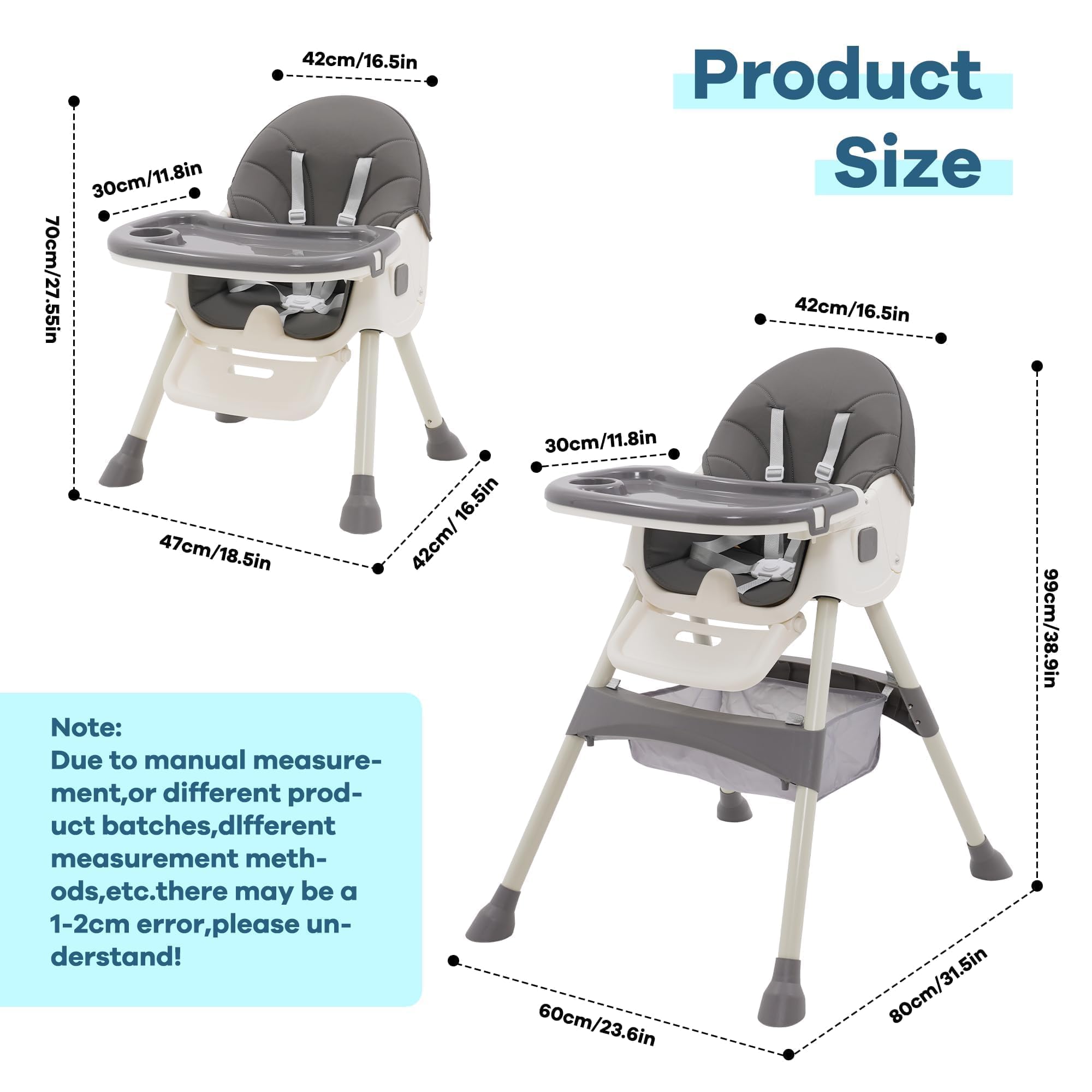 Trona Bebé 3 en 1 Plegable - 3 Posiciones Reclinable Con Ruedas, Doble Bandeja Extraíble, Asiento Reposapiés, Altura Regulable - Para Bebés 6+ Meses, Gris