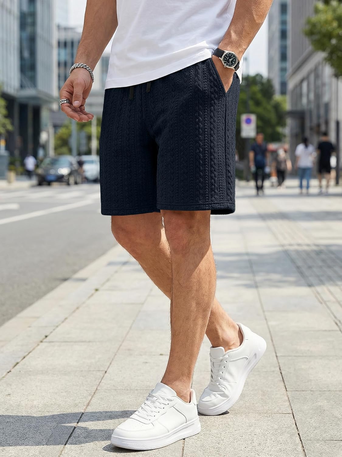 JMIERR Men's Casual Shorts 7.5 Inch Cable Knit Drawstring Elastic Waist Summer Beach Sweat Shorts for Lounge & Vacation - Image 2