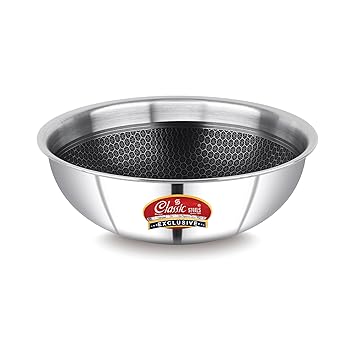 Classic Steels Hexa Comb Triply Tasla Without Lid - 1 LTR (18cm) | Stainless Steel Deep Kadhai | Gas & Induction Compatible | Silver Cookware for Indian Cooking | 2.5mm Thickness