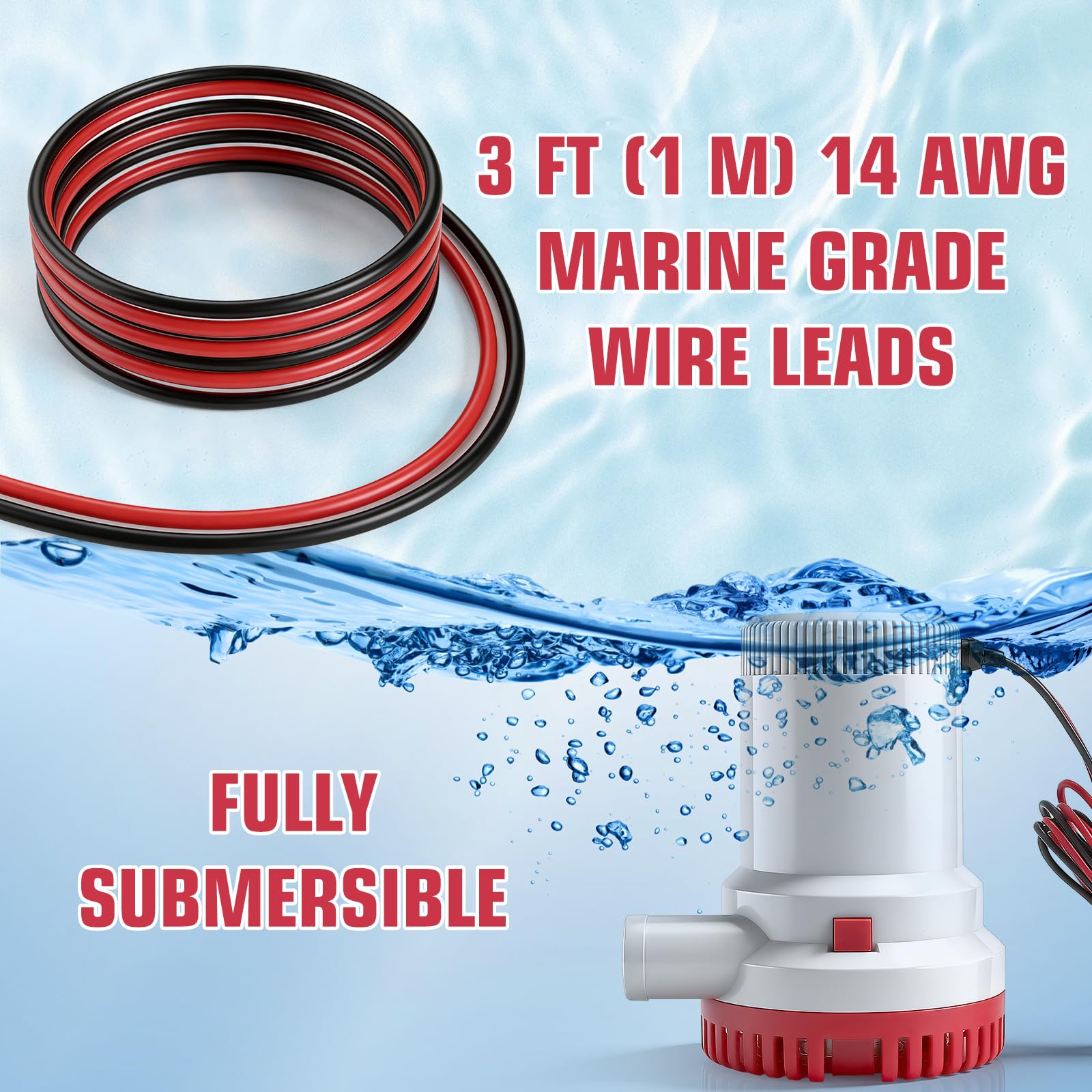 Bomba de Achique 12V 2000GPH, Bomba de Cuña Eléctrica de Barcos, Bomba de Agua de Sentina 29mm(1-1/8") Sumergible, Bomba de Agua Sumergible para Barcos, Yates, Caravanas y Jardines