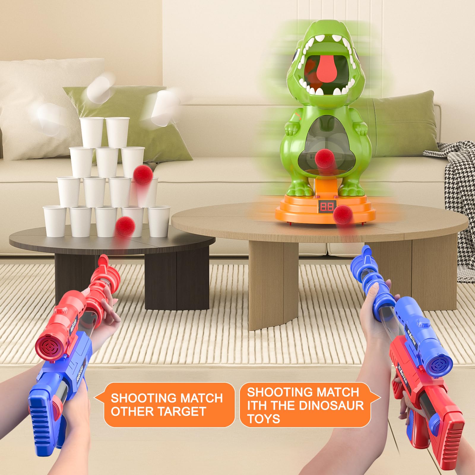 fygurso Jouet de tir de Dinosaure Mobile avec 2 Pistolets à Pompe à air, Jeux de tir à la Cible avec Score LED, lumière et Son, 24 balles en Mousse pour 3+, Cadeau de Jeux pour garçon