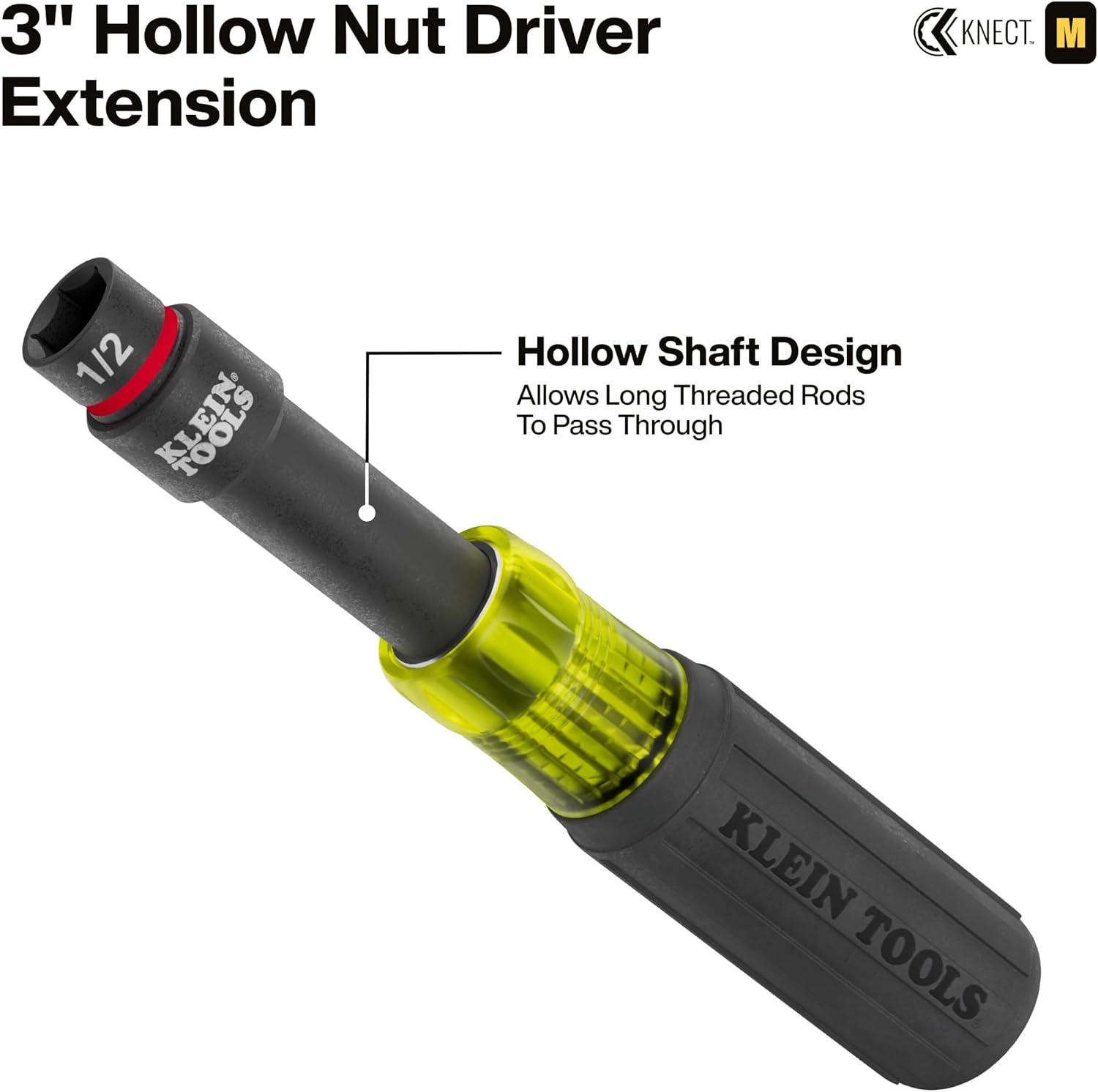 A 3-inch hollow nut driver extension with a socket attached to a screwdriver handle.