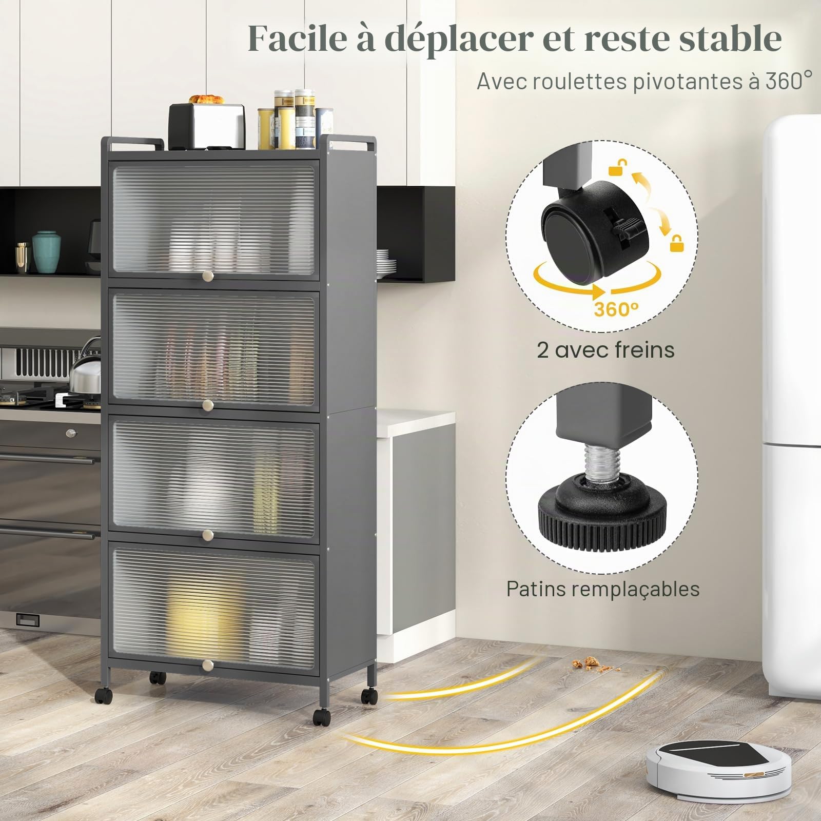 GIANTEX Armoire Cuisine 5 Niveaux avec Portes Rabattables, Meuble Cuisine Rangement à roulettes Universelles, Cadre en Métal, Étagere Cuisine pour Salon, Kit Anti-basculement, 60 x 32 x 154 cm(Gris)