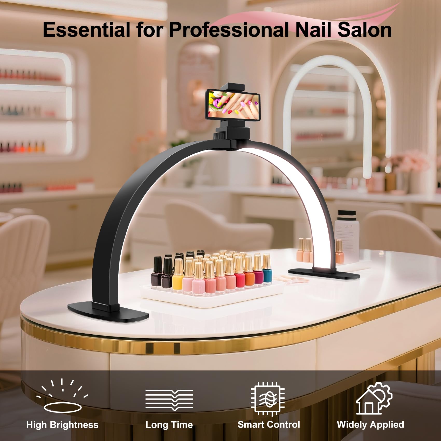 Halbmond-Licht für Nagelschreibtisch: 73,7 cm LED-Tischlampe mit Handyhalterung, professionelle Schreibtischleuchte für Salon, 3 Farbmodi und 10 Helligkeitsbeleuchtung für Maniküre-Techniker (schwarz