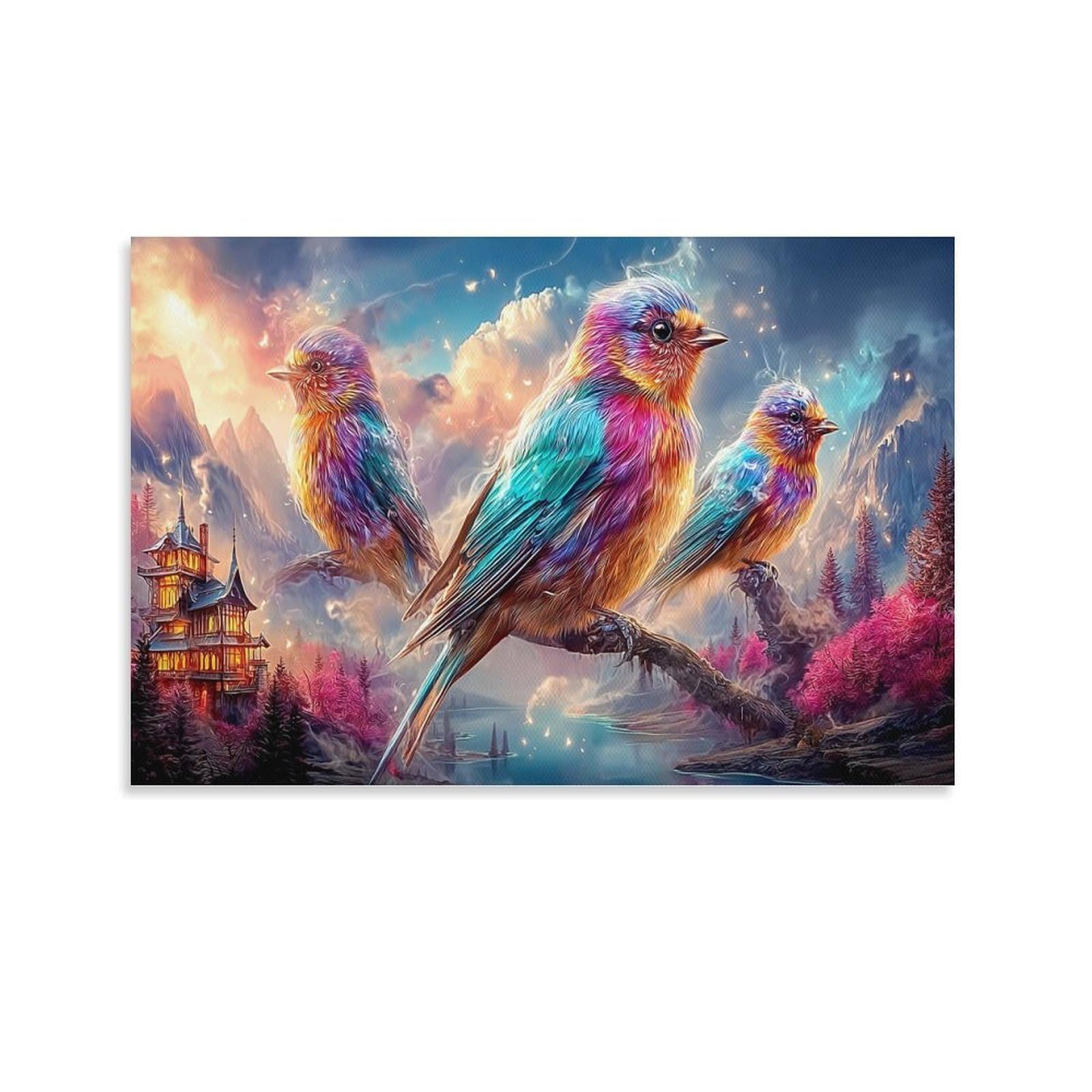 XPASHIQWC Colorful Feathered Birds Wall Decor Poster Magical Forest Canvas Prints Picture Modern Wall Art Picture Wall Hanging for Bathroom Wall Decor 20x30inch(50x75cm)