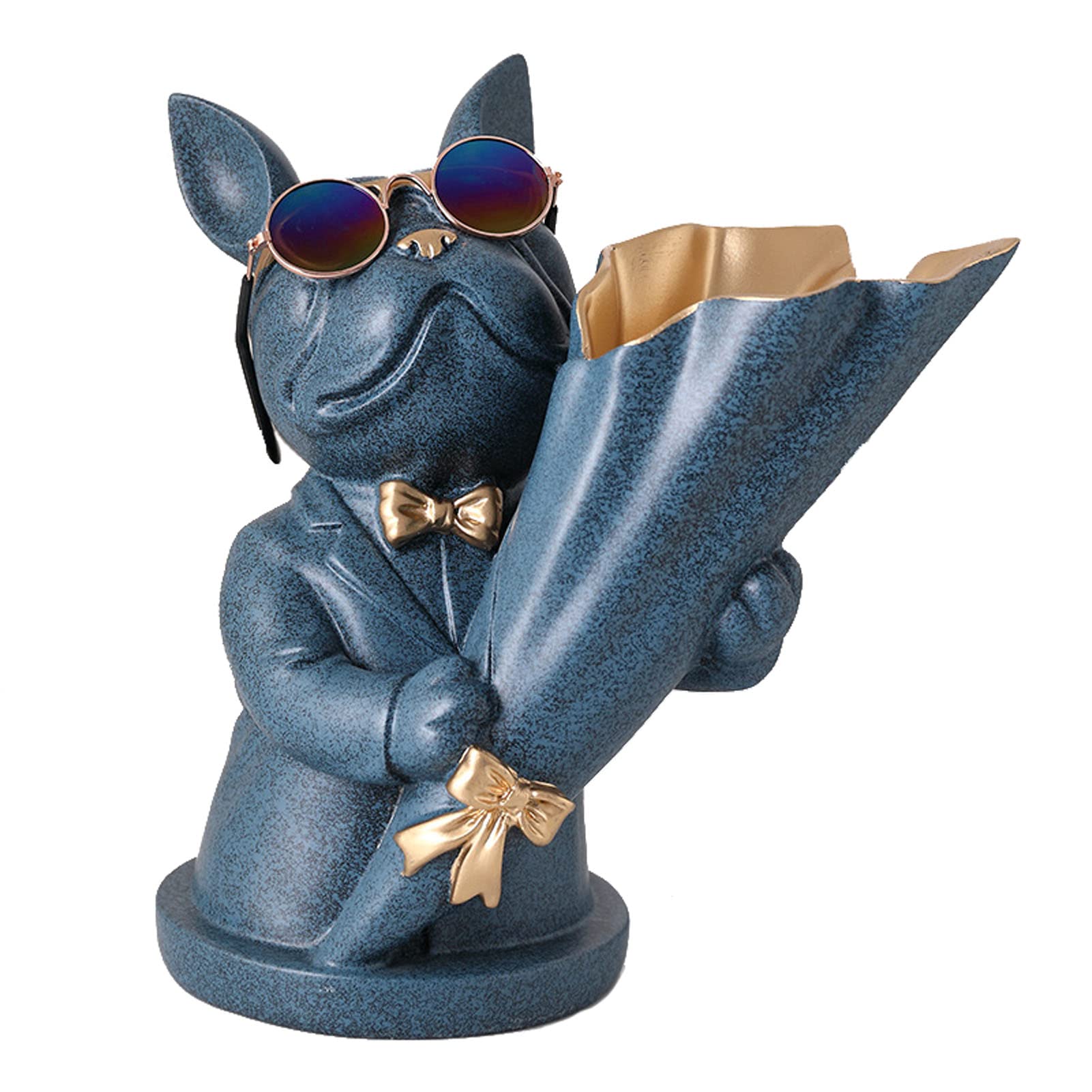 Vinbcorw French bulldog figure with tray stainless steel,Table decoration sculpture decoration, key bowl statue small parts, container, fruit bowl, key candy organizer,Blue,F