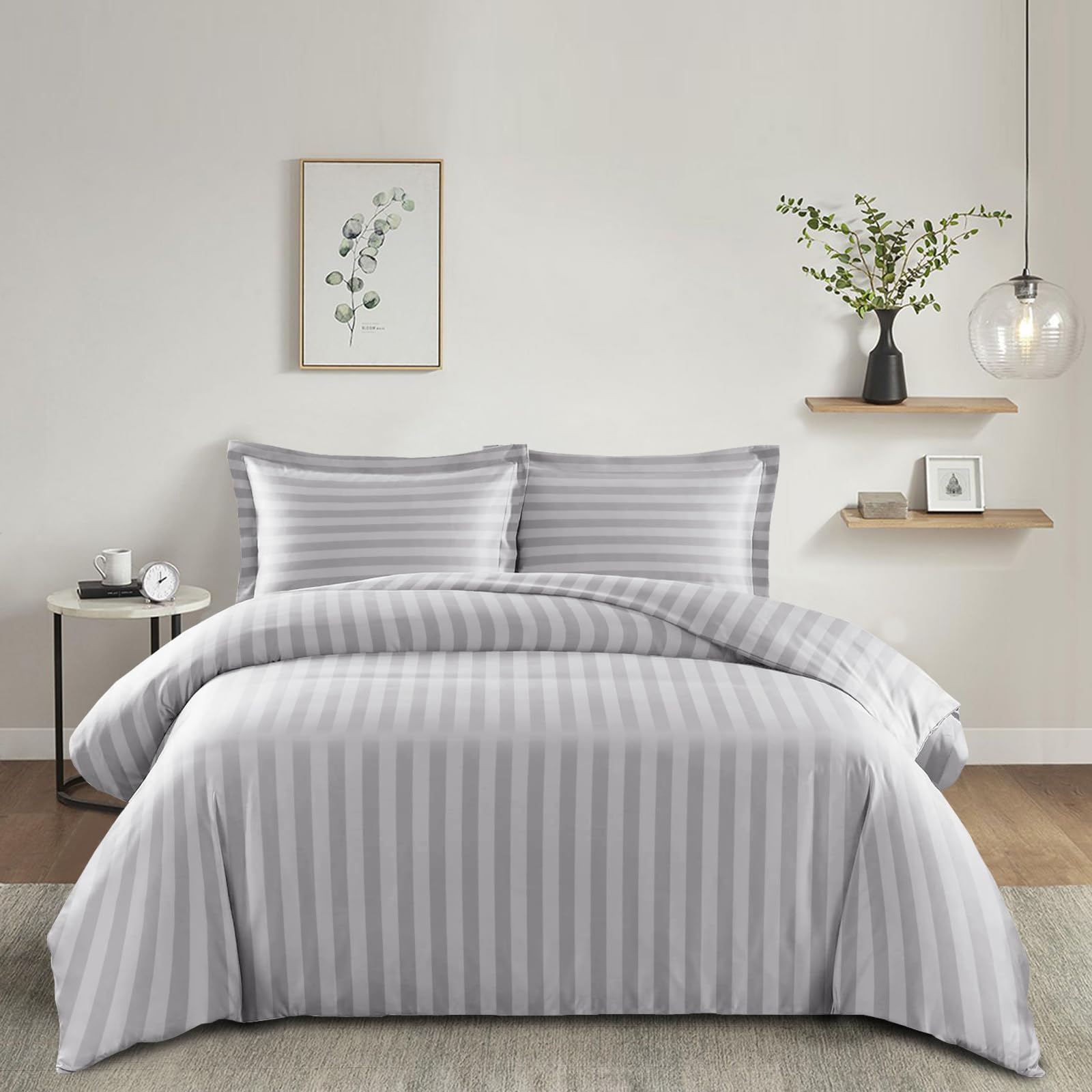 Imperial Rooms Double Duvet Set Reversible Stripes Satin Bedding Set including Pillowcases Breathable Microfiber Duvet Cover (Silver 200x200 Cm) - Image 2