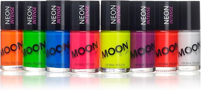 Neon UV Nail Polish by Moon Glow - Intense set of 8 colours - Bright Neon Nail Varnish - Glows under UV - 14ml