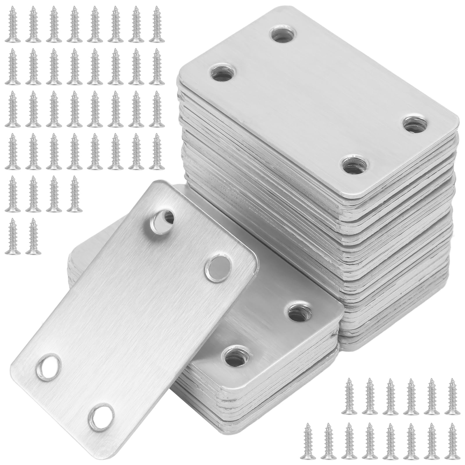 MANCHAP 50 Pcs Stainless Steel Flat Connecting Joining Plate, 60 x 38 x 1.3mm Metal Mending Brackets for Wood Fixing, Connector, Home Use, Silver