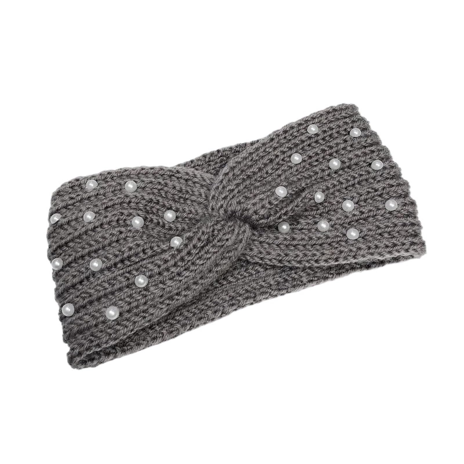 3PCS Perle Gestrickte Kreuz Stirnbänder for Frauen Mädchen Handgemachte Haar Zubehör Herbst Winter Headwear Ohr Wärmer Elastische Haarband Für Damen(Grey A)