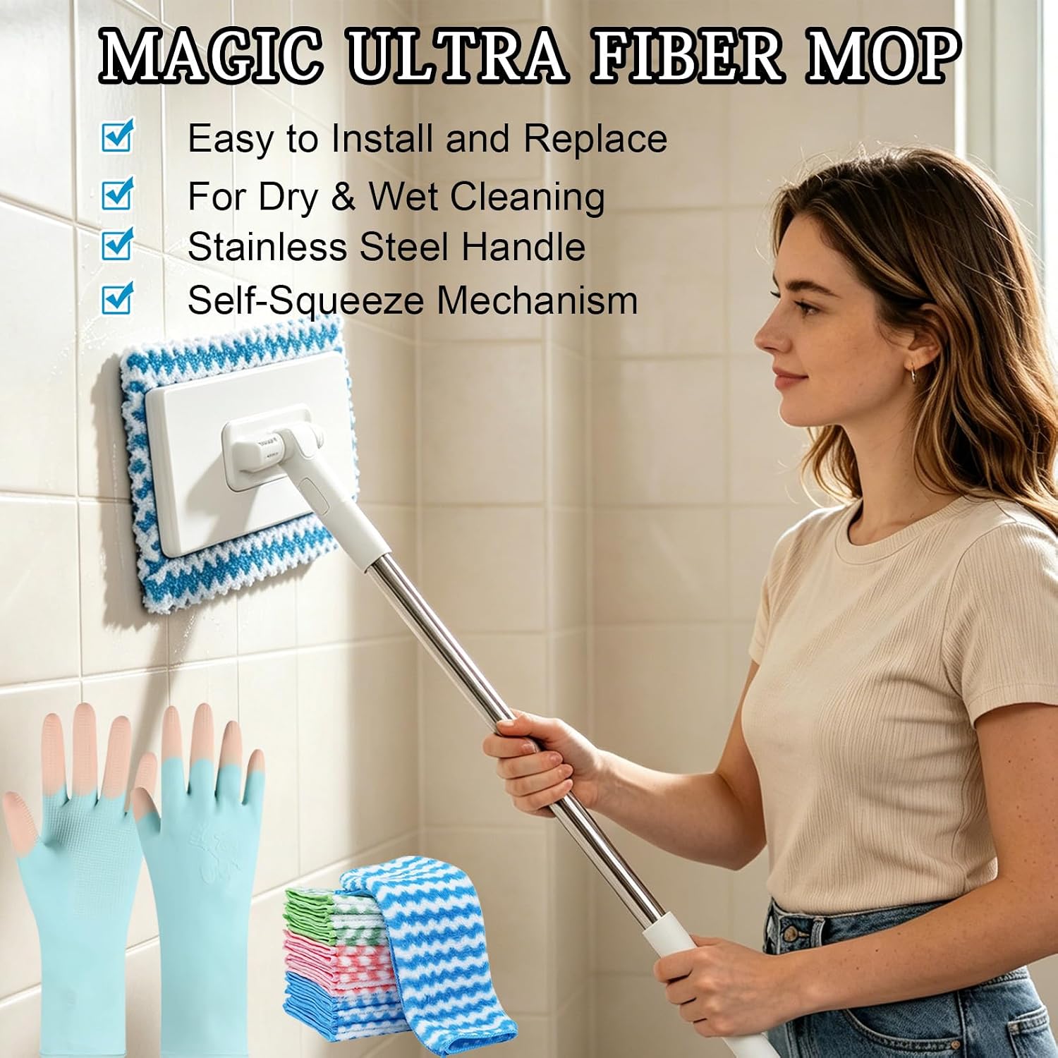 Quick Grip Mini Mop, Lazy mop Automatic Gripping, Cloth Changing Mini Mops, Adjustable Long Handle with 10 Randomly Colored Cleaning Cloths, Wet & Dry Use, for Floor Tile Window Corner Cleaning