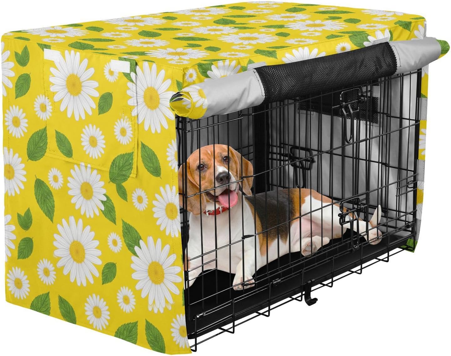 Duty 600D Silver Coated Dog Crate Cover, Water-Resistant Daisy Pet Kennel Canopy with Mesh Windows for Optimal Ventilation, Universal Fit for Standard Wire Cage, Indoor & Travel