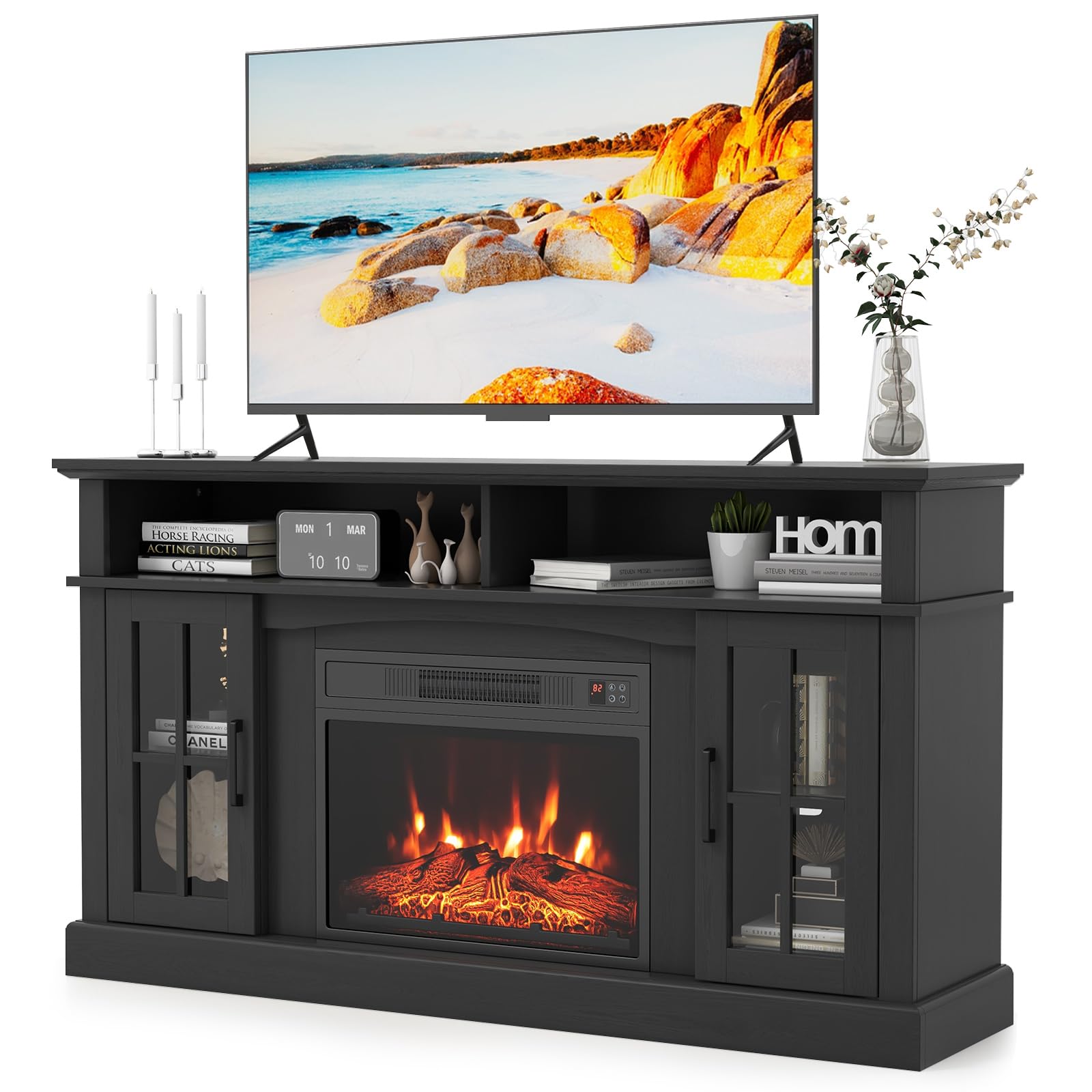 RELAX4LIFE Electric Fireplace TV Stand for TVs up to 65’’, Media Entertainment Center w/23’’ Fireplace Insert, 3-Level Flame, Remote Control & Storage
