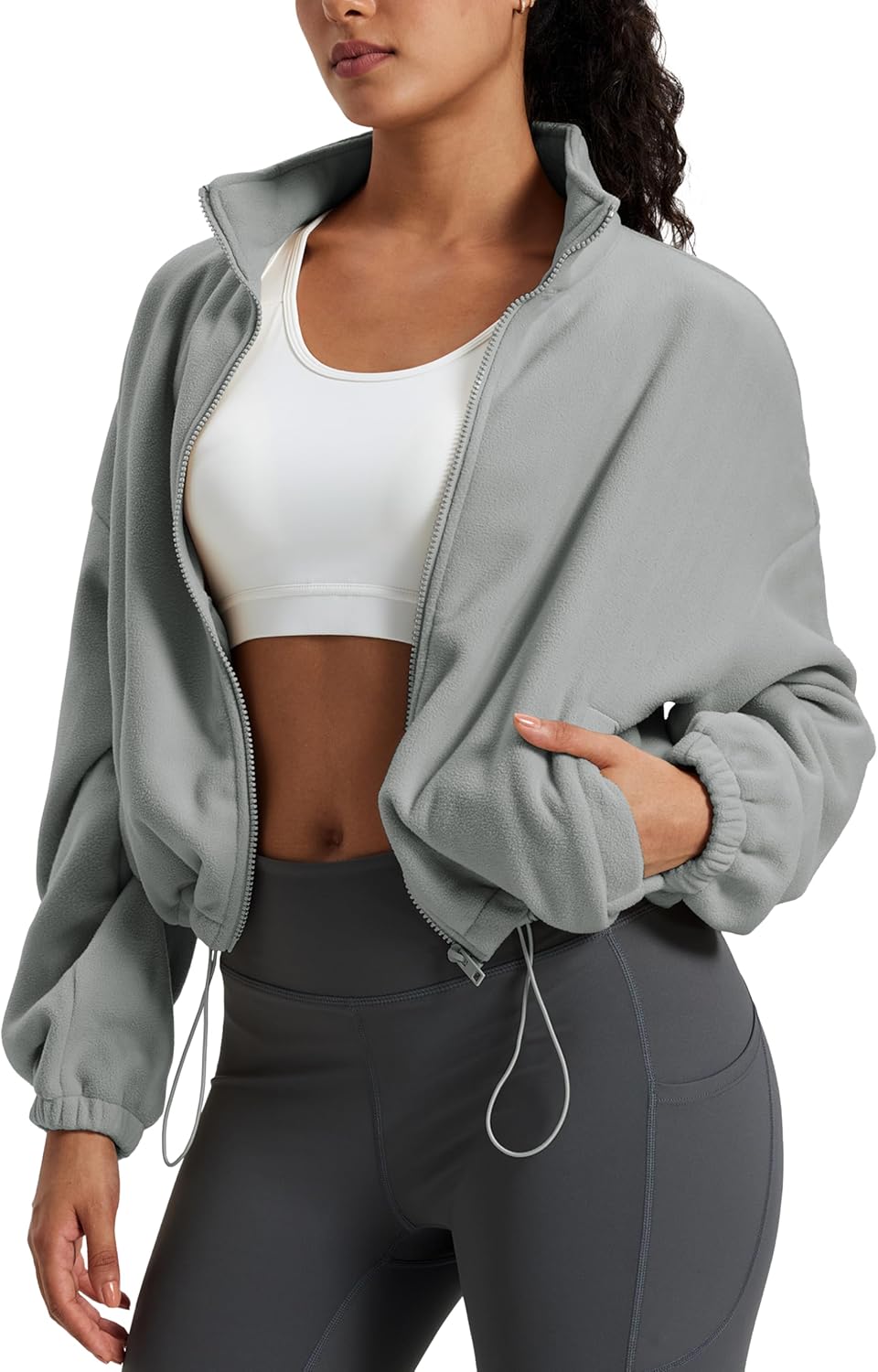 MAGCOMSEN Women's Cropped Fleece Jacket Full Zip Stand Collar Workout Short Sherpa Coat Winter Sweatshirt - Image 2