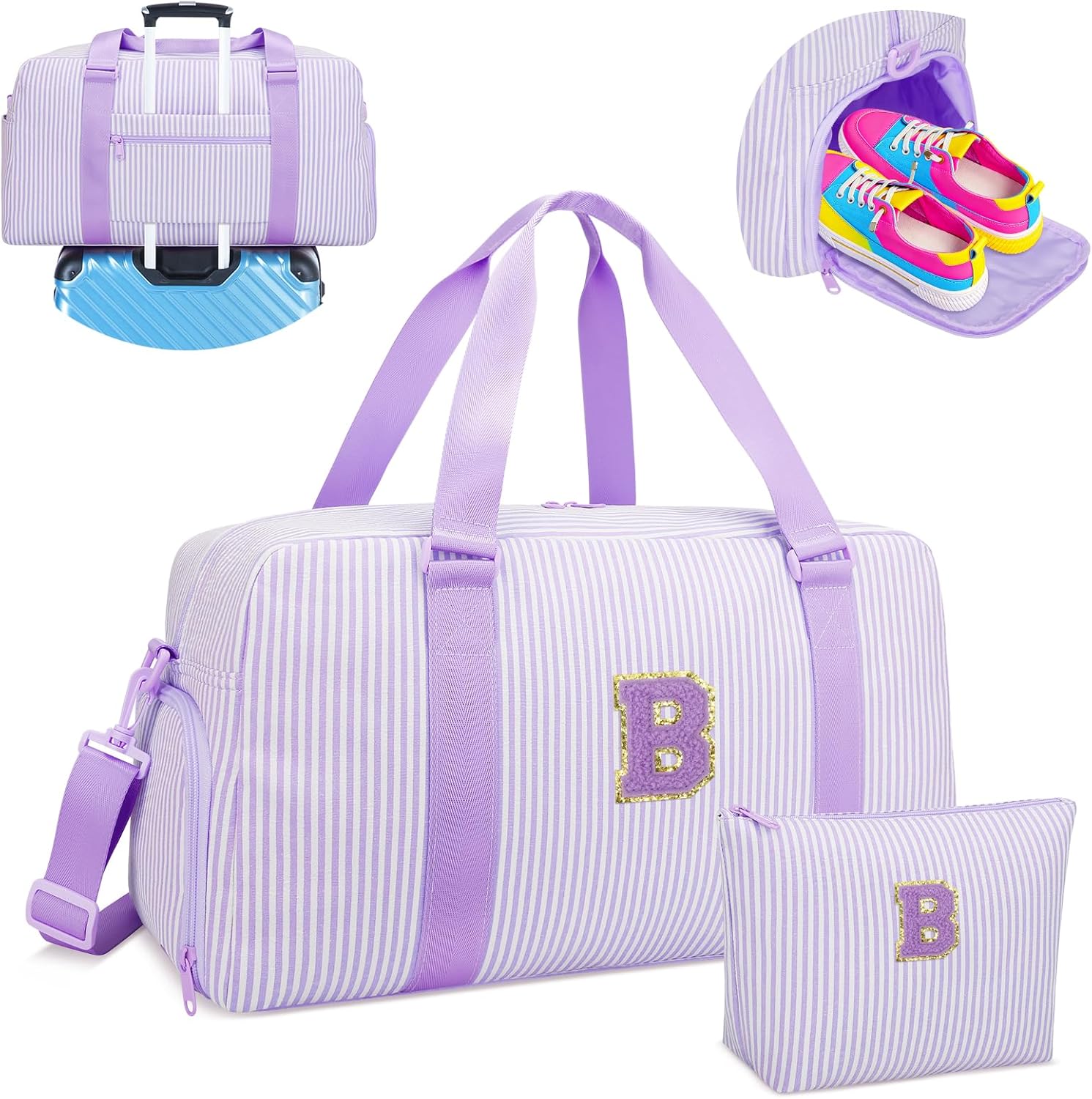 Initial Travel Bag for Girls - Duffle Bag with Shoe Compartment, Carry On Bag with Luggage Sleeve, Weekender Bags and Overnight Bags with Wet Dry Separated Pocket, Teen Girl Gift (Purple,M)