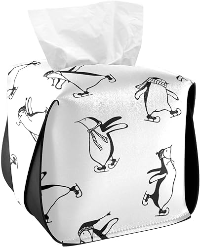 Fustylead Funda cuadrada para caja de pañuelos de pingüinos dibujados a mano, soporte cuadrado de piel sintética para baño, encimera de tocador,