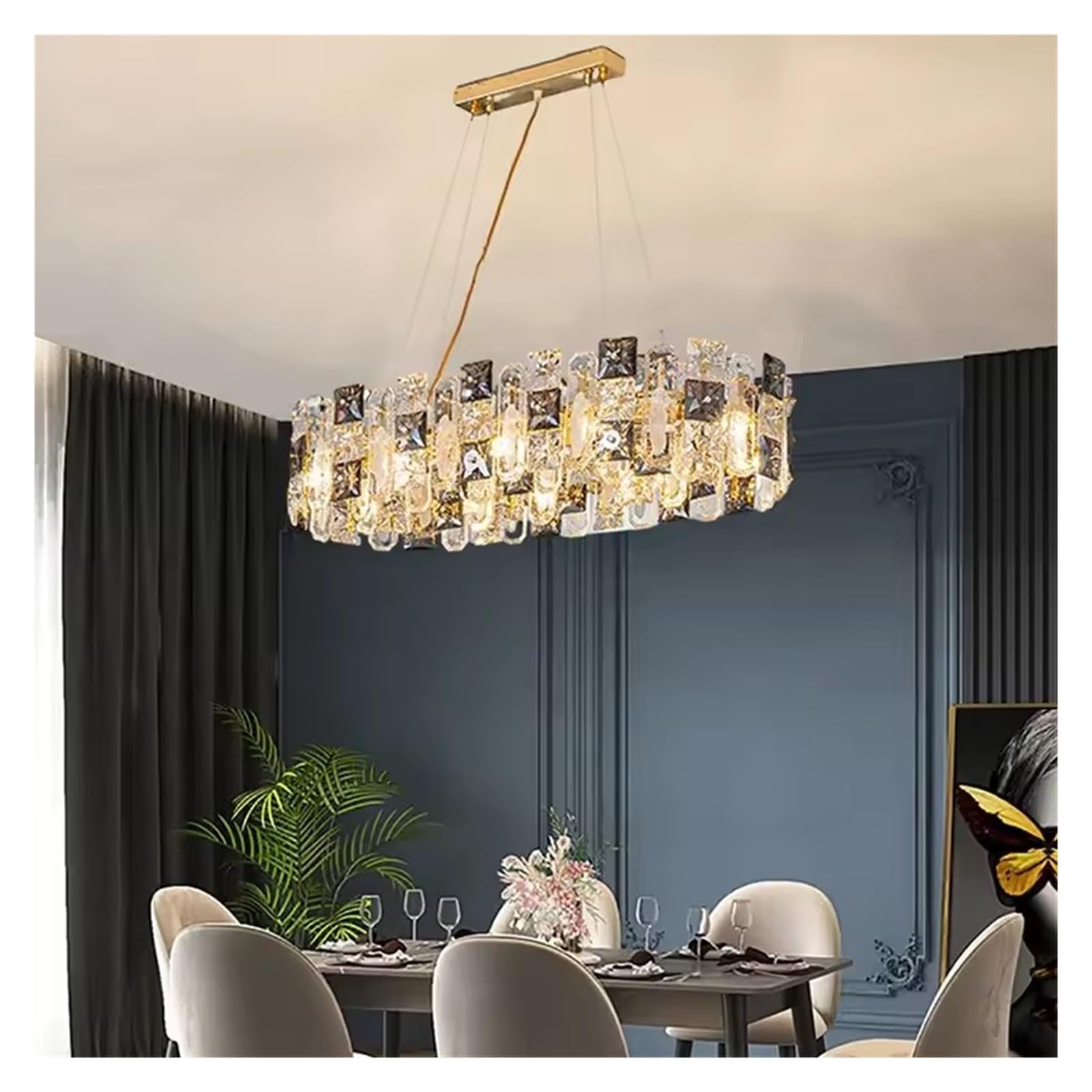 ASerZenith Luxury Crystal Pendant Lights Modern Lustre Living Room Chandelier For Restaurant Ceiling Pendant Lamp Home Decor Light Fixtures,3 Color Dimmable-Oval 95Cm