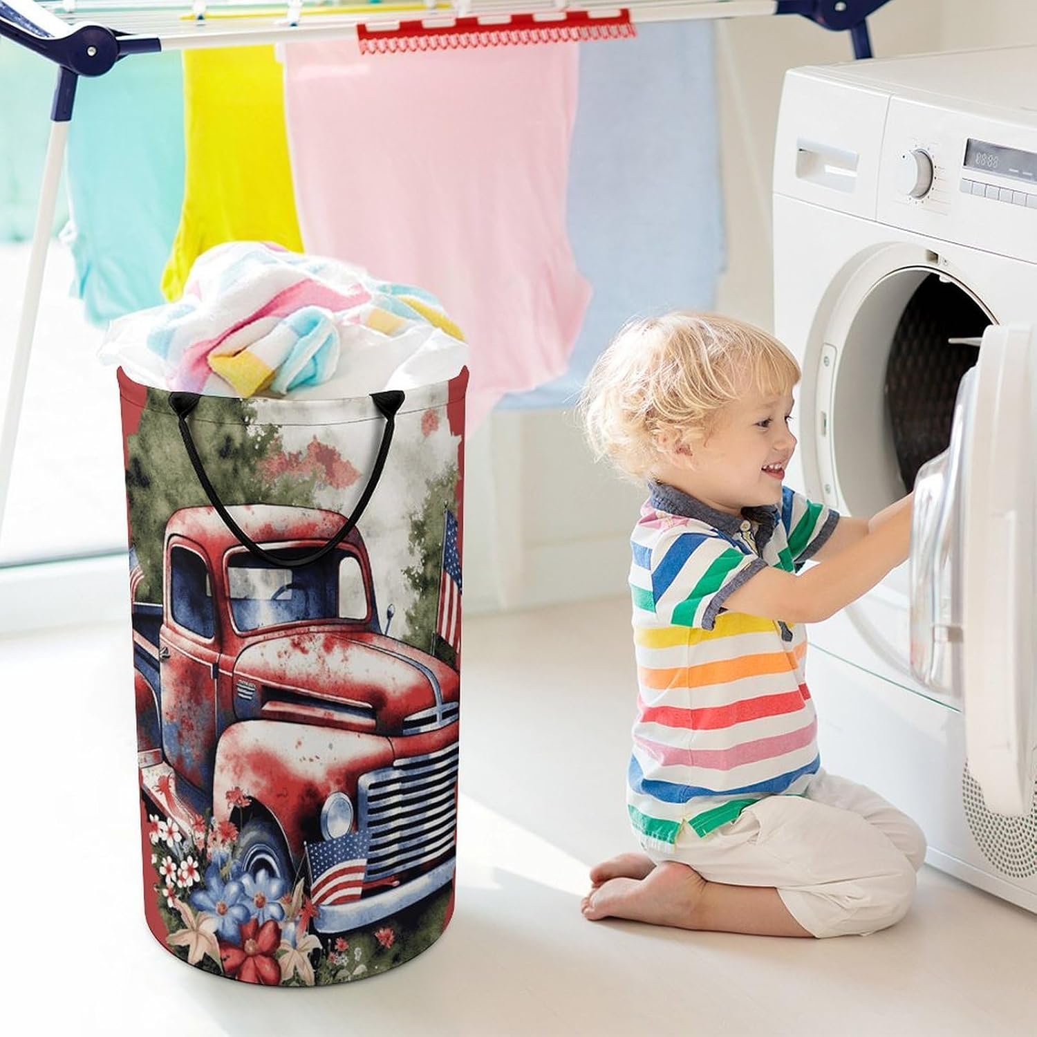 Large Laundry Hamper with Handles Patriotic Old Red Truck Laundry Basket Freestanding Waterproof Clothes Hamper for Living Room Bedroom Bathroom College Dorm