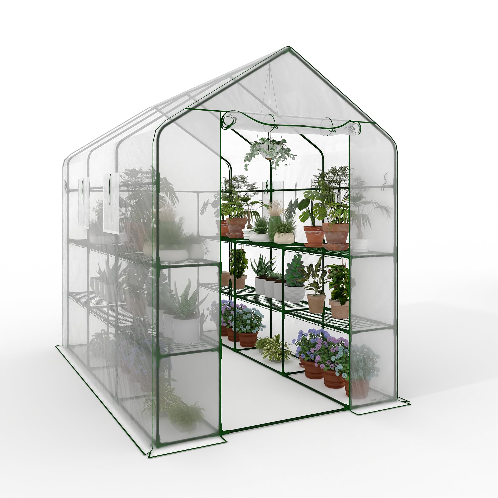 Greenhouse, 57 x 85 x 77'' Greenhouses for Outdoors, with Mesh Side Windows, PE Cover, 8 Shelves, Heavy Duty Walk in Green House for Backyard Garden Indoor, White& Green Outside
