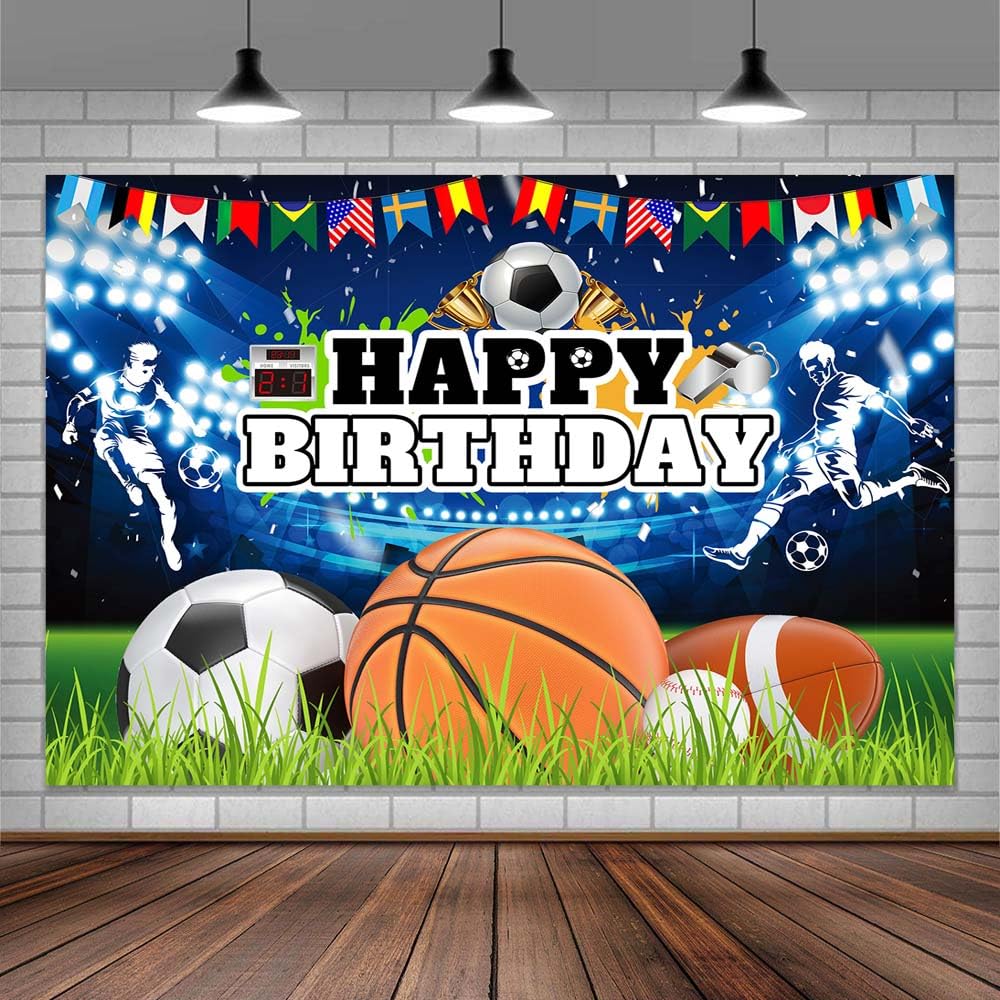 6X6ft Sports Theme Birthday Party Photo Backdrop Photography Background for Boys, Football Basketball Baseball Banner Backdrops Photo Booth Prop