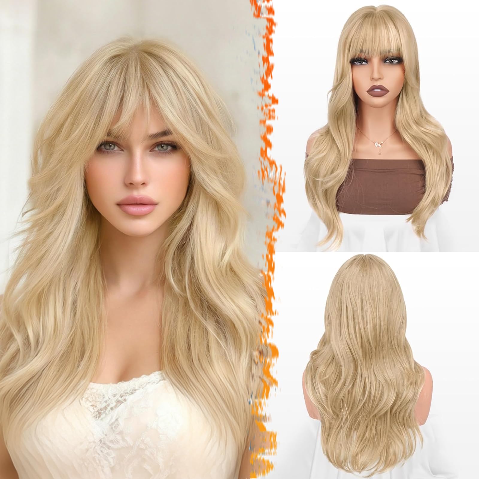 BARSDAR 20 Inch Synthetic Soft Wavy Layered Beige Blonde Wig with Bangs | Voluminous Natural Looking, Realistic Scalp, Lightweight Breathable