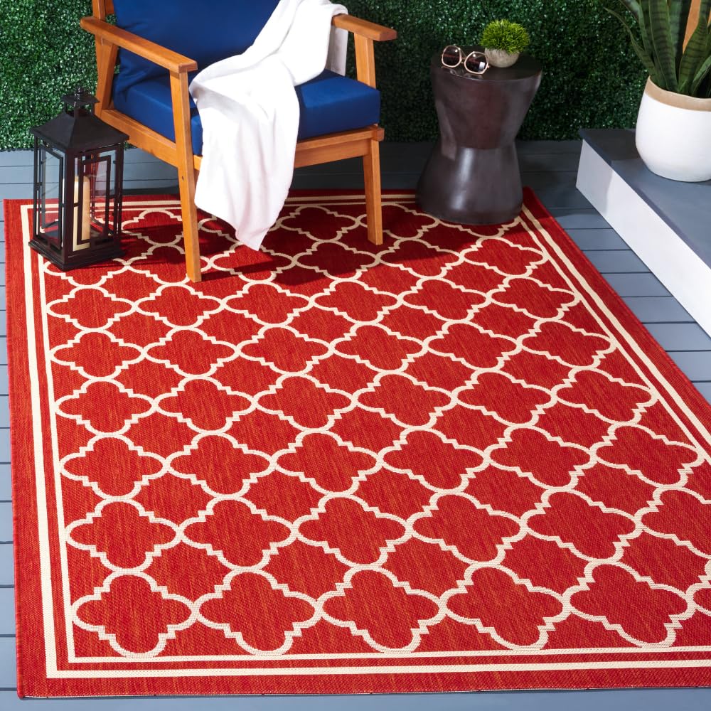 SAFAVIEH Washable Rug Outdoor Courtyard Collection - 4' x 5'7", Red & Bone, Non-Shedding & Easy Cleaning, Ideal for Patio, Backyard, Mudroom (CY6918-248)