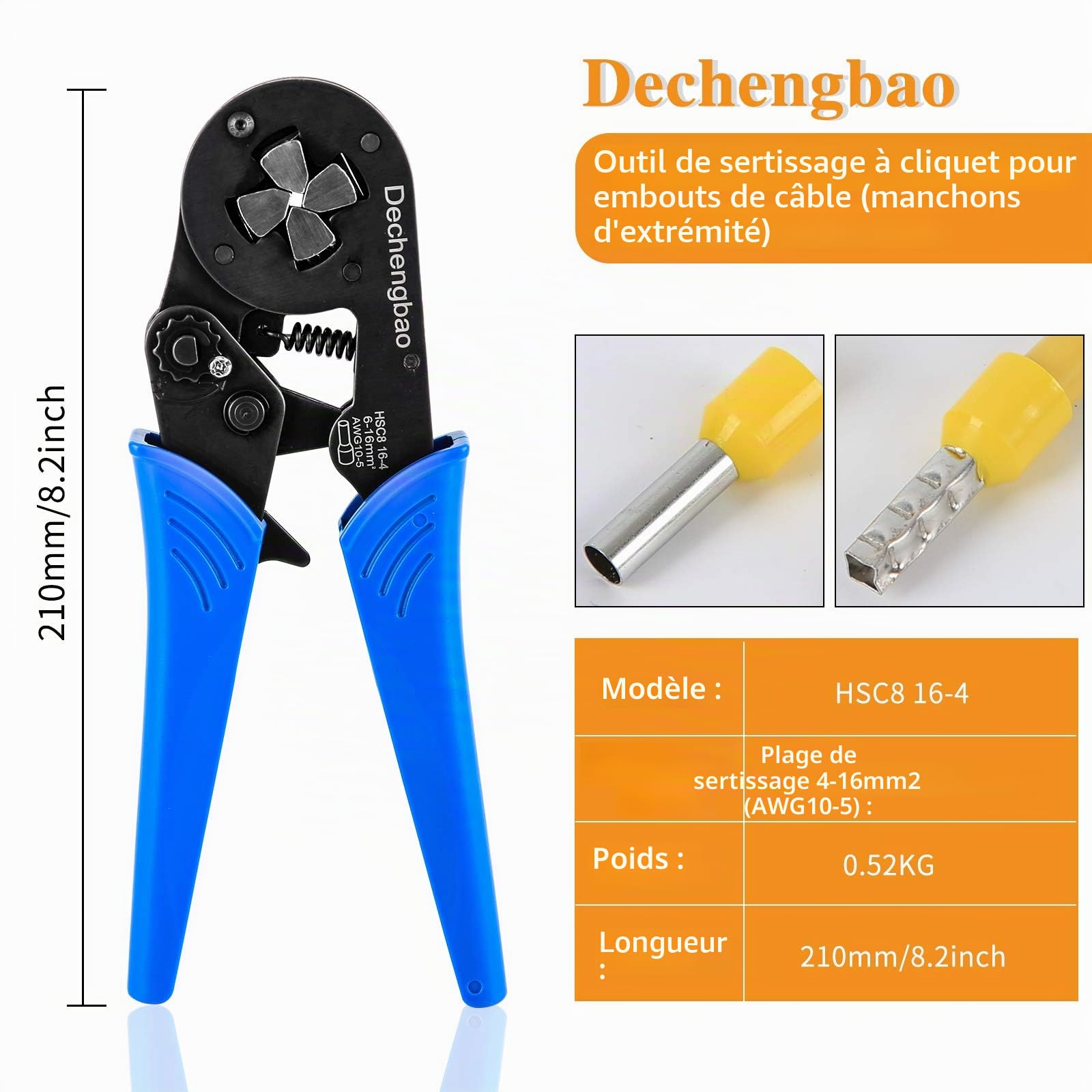 Outil de sertissage de virègle, pince de sertissage de fil à mâchoire carrée (0.08-16mm²) bornes de virègle sertisseur