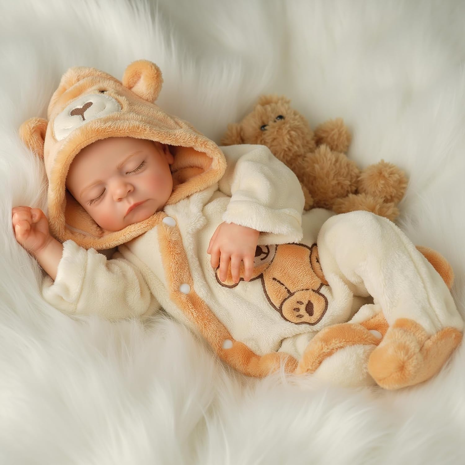 BABESIDE Reborn-Babypuppe Junge 43 cm Schlafend Realistische Babypuppe Weicher Stoffkörper Lebensechtes Neugeborenenhaar mit Spielzeugzubehör, Geschenk für Kinder ab 3 Jahren