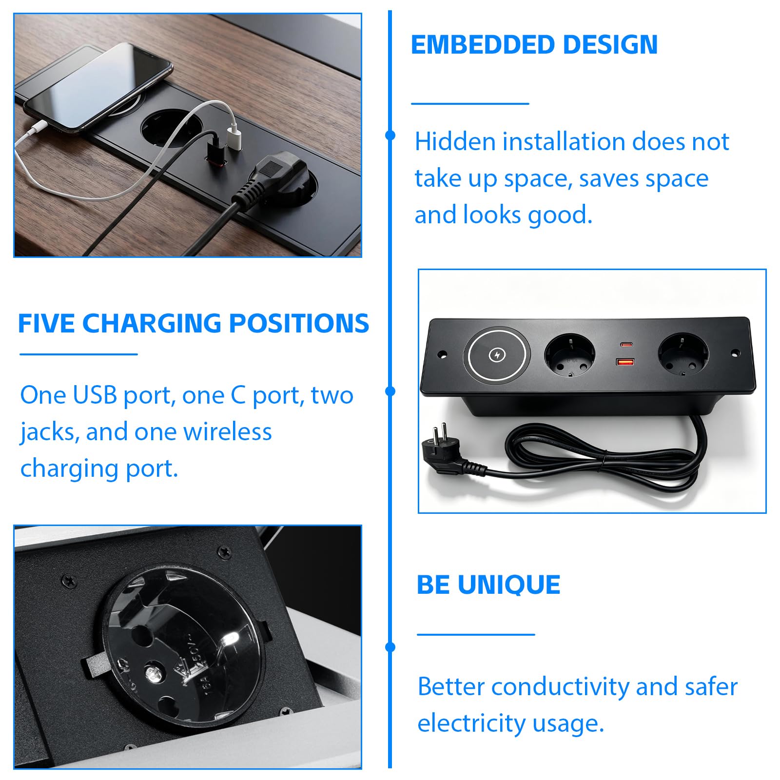 Wysuwane gniazdo wtykowe z 2 gniazdami USB C PD, 20 W i 15 W, bezprzewodowe ładowanie, do zabudowy, do biura, kuchni, kolor czarny, kabel 1,5 m