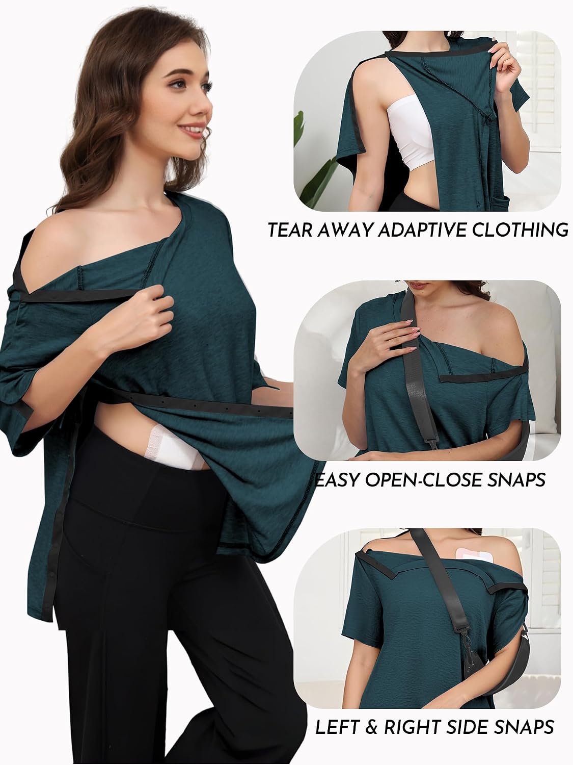 Women's Post Shoulder Surgery Tear Away Shirt Short Sleeve Side Snap Chemo Port Postpartum Shirts Adaptive Clothing image 3