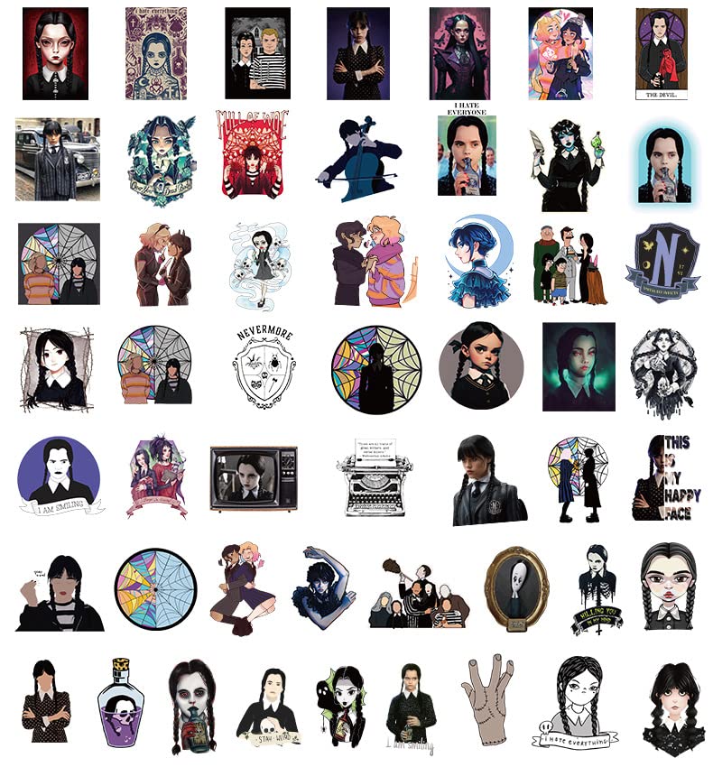 Lot De 50 Autocollants Wednesday Addams – Imperméables, Vinyle, Pour Ordinateur, Skate, Vélo, Valise…