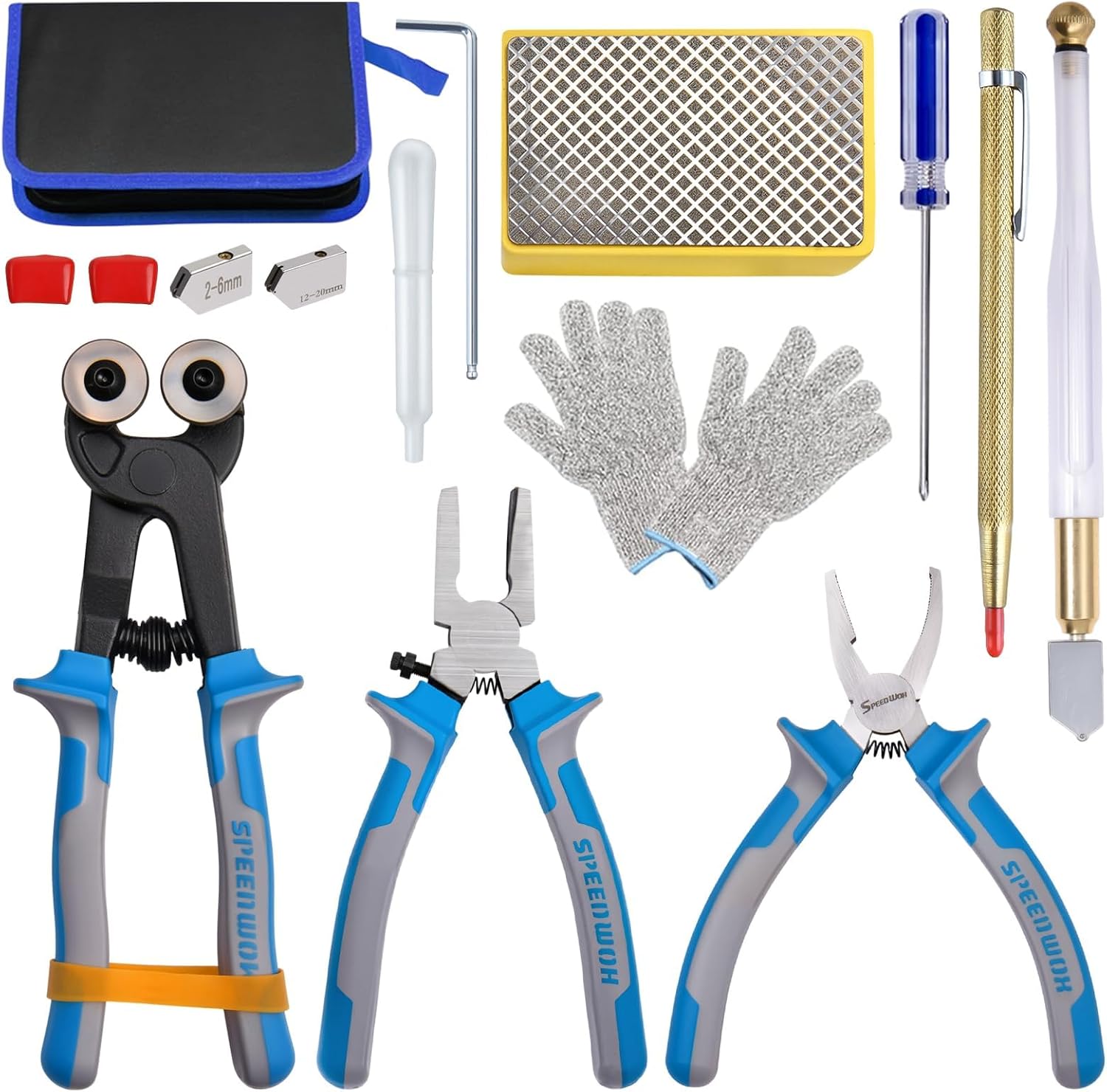 SPEEDWOX 14Pcs Premium Glass Running Breaking Pliers and Class Cutter Tools Kit Breaker Grozer Pliers Heavy Duty Glasses Cutting Tool with Rubber Tip Work Great for Stained Glasses, Tiles, Mosaic