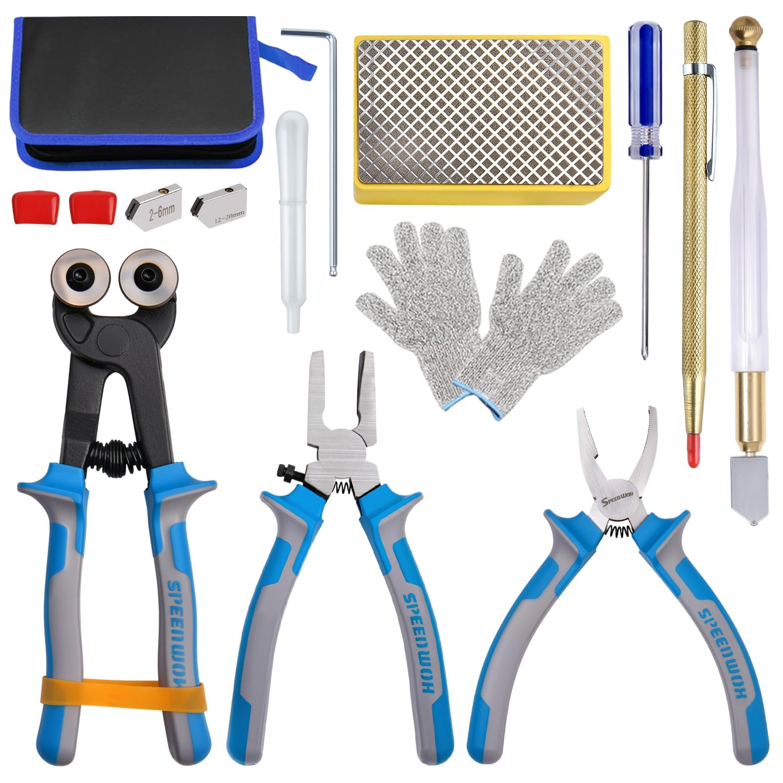 SPEEDWOX 14Pcs Premium Glass Running Breaking Pliers and Class Cutter Tools Kit Breaker Grozer Pliers Heavy Duty Glasses Cutting Tool with Rubber Tip Work Great for Stained Glasses Tiles