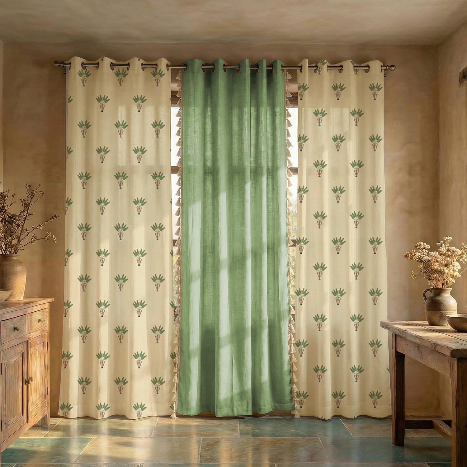 Urban Space 100% Cotton Curtains for Window, Combo Set of 3 Curtains 5 feet Long, 60-65% Room Darkening Curtain, Tieback & Eyelets Included with Curtains for Home décor (Palm Lagoon Green, 5 Feet)-image-37