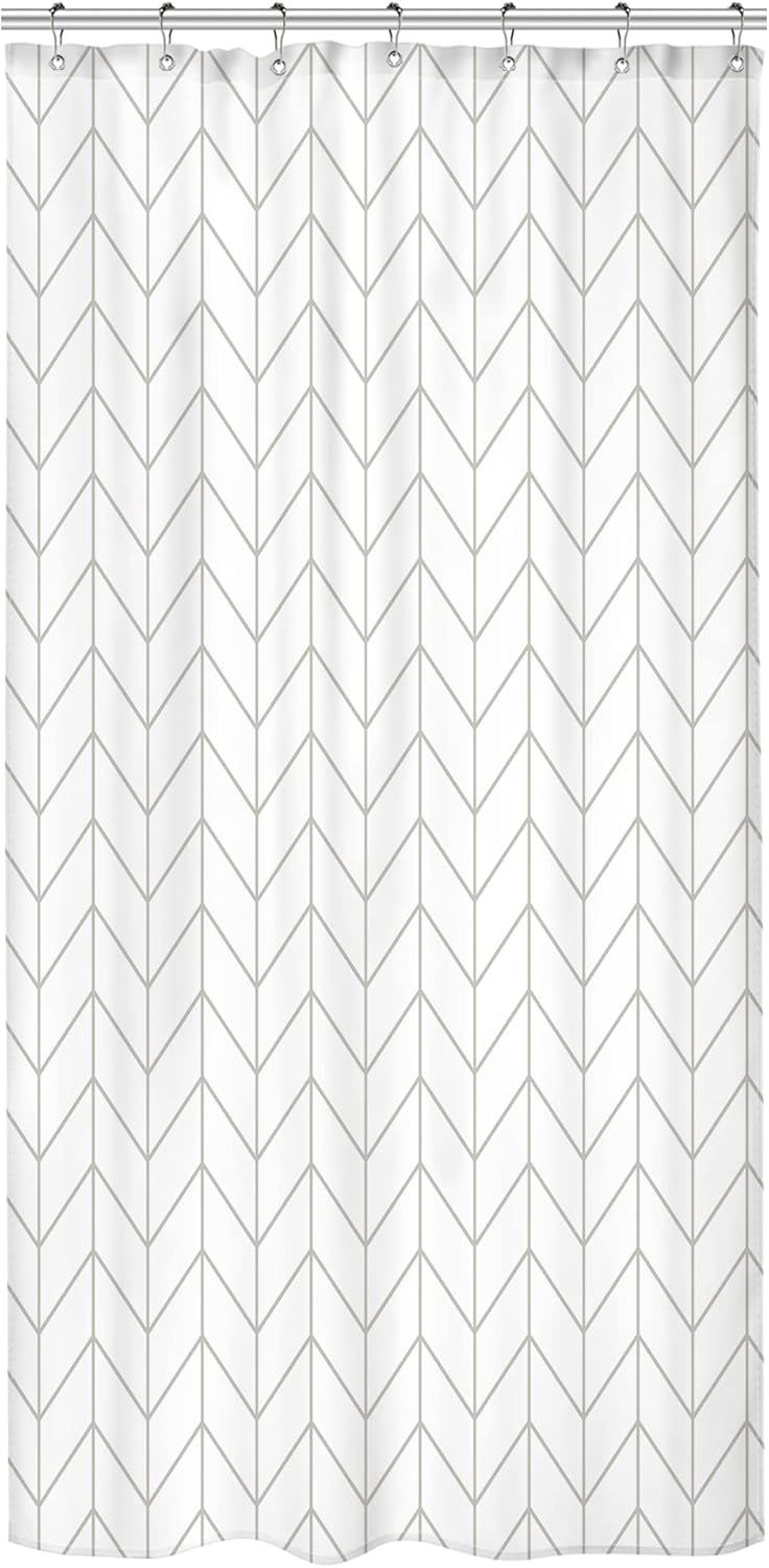 Riyidecor Stall Small Shower Curtain Half Size 39x72 Inch White Beige Single Narrow Tiny Geometric Chevron Striped Herringbone 7 Pack Hooks Dorm Decor Fabric Bathroom Set Polyester Waterproof