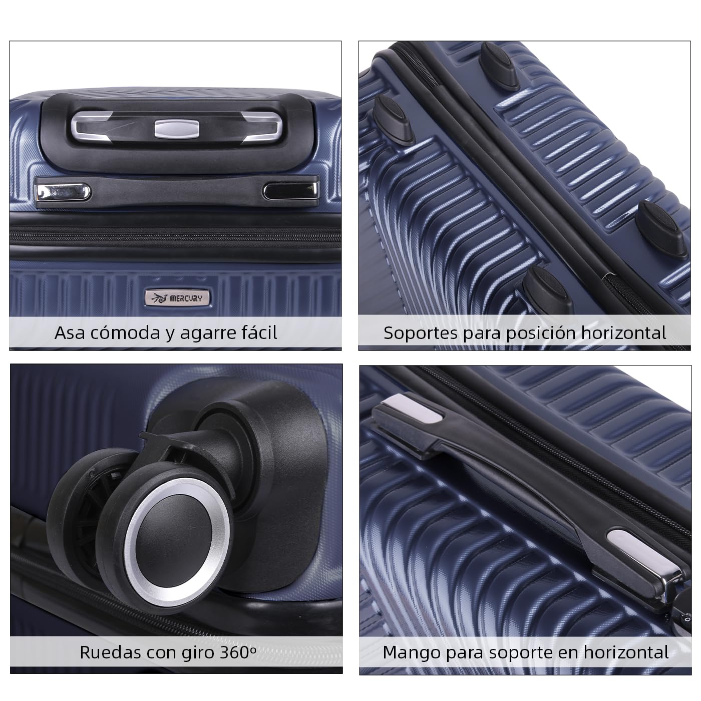 MERCURY TEXTIL- Maleta de Viaje Cabina, Mediana, Grande, rígida 100% de Polipropileno y ABS, Ruedas Giratorias, Prácticas y Ligeras con Cierre de Seguridad. (Marino, Cabina)