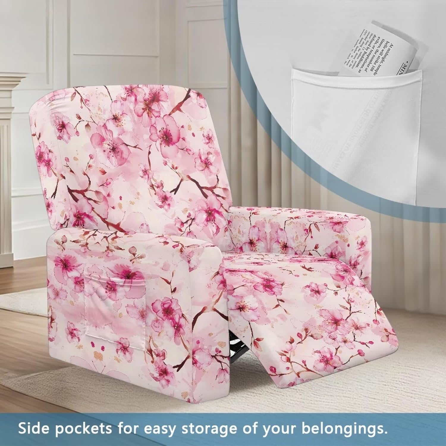 Cherry Blossom Pink Recliner Chair Cover 4 Pieces Recliner Slipcovers Stay in Place Stretch Nonslip Slipcover Furniture Protector