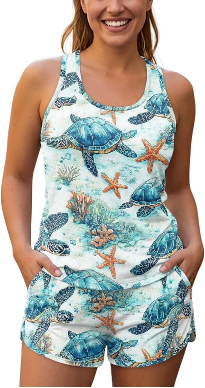 Tankini for Women Tummy Control Swimsuits with Pockets Modest Sporty Bathing Suits for Summer Cruise Trip Resort Stay