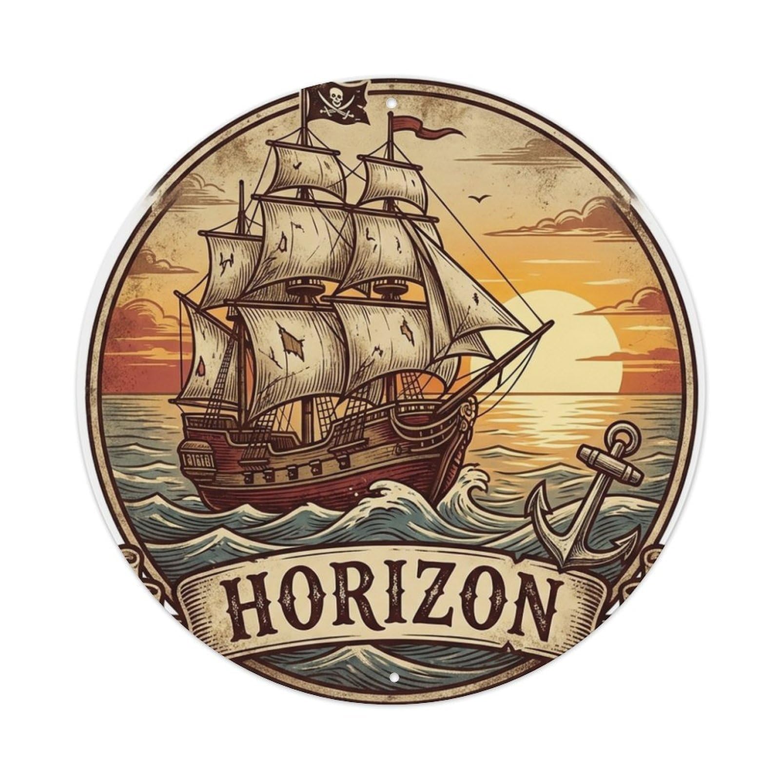 Horizon Pirate Ship Waves Sunset Maritime Label Metal Tin Sign