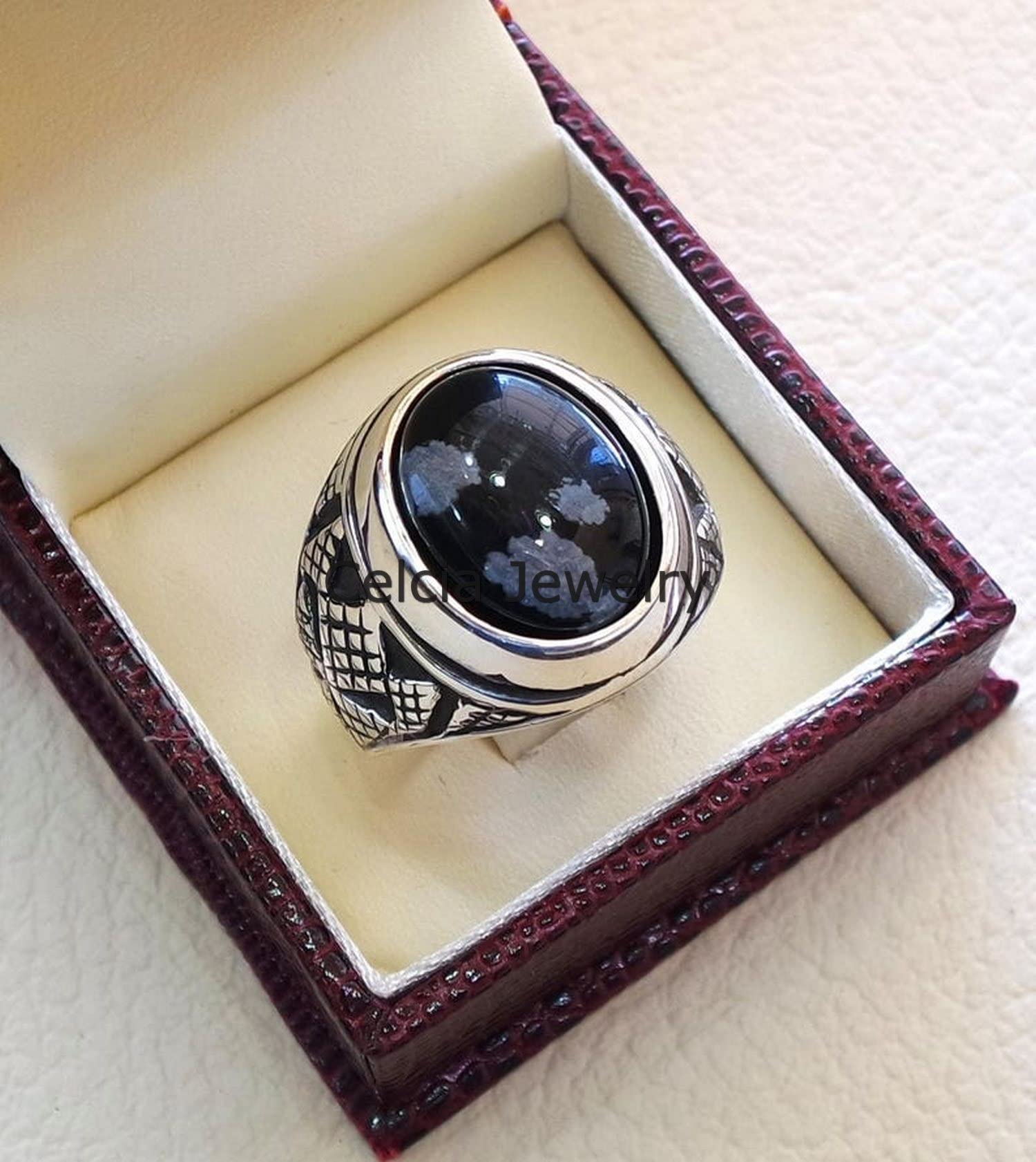 Bellissimo anello ossidiana fiocco di neve, gioielli fatti a mano attraenti per uomo, anello di dichiarazione, regali per la festa del papà, anello ossidato argento (ossidiana fiocco di neve)