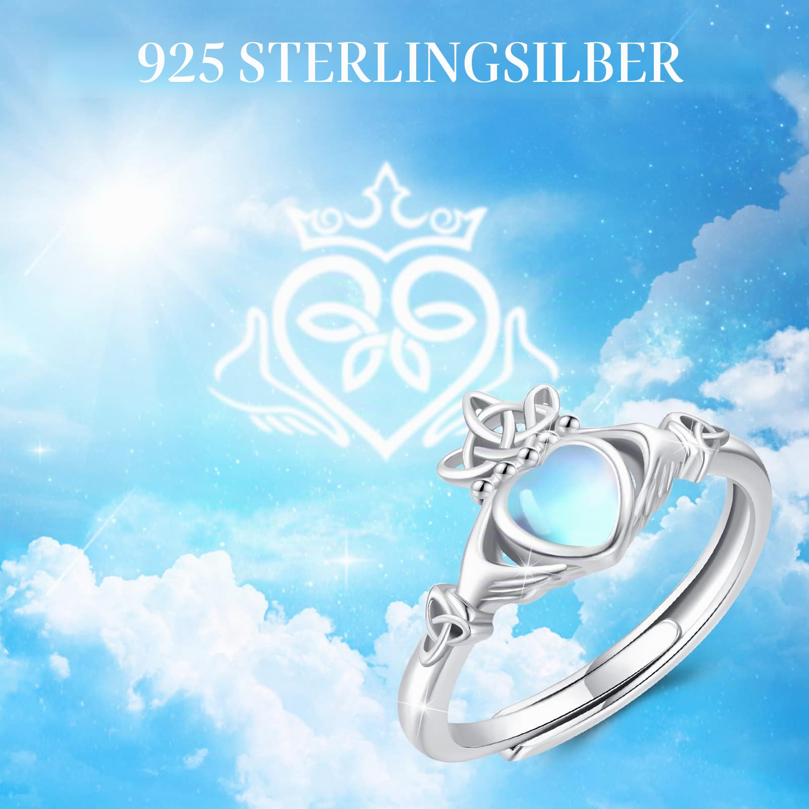 Claddagh Ring Damen 925 Sterling Silber Mondstein Irischer Ring Claddagh Herz Ringe Verstellbar Offener Ringe Geschenk Schmuck für Damen