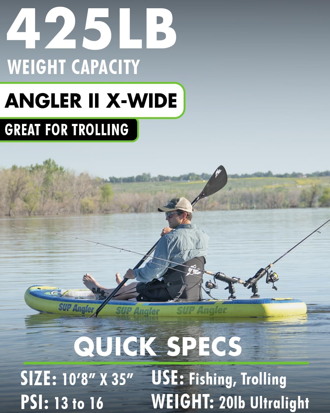 SUP Angler X-Wide Inflatable Fishing Paddle Board with Seat, Choose Accessories Package, Adjustable Fishing Rod Holders, Accessory Ports, Dual Paddle, Quad Bungees, 10'8" X 35"