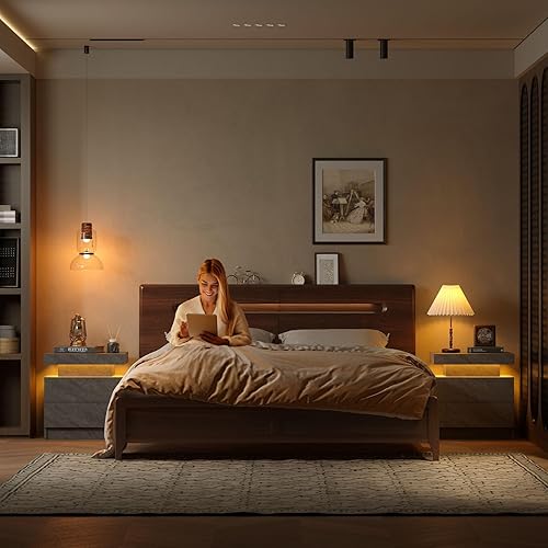 Miniatura 25 de Generic Juego de 2 Mesita de noche con 2 cajones, mesa de noche con cajones para muebles de dormitorio, mesa auxiliar con luz LED Blanco,Negro